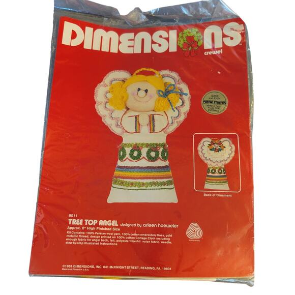 1981 Dimensions Tree Top Angel #8011 Crewel Kit 8" Ornament Arleen Hoeweler - Picture 3 of 11
